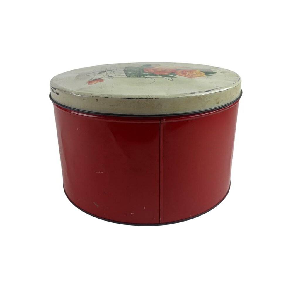 Vintage 50s Metal Tin Round Floral Cart Of Roses Decorative Storage Container - Picture 10 of 14